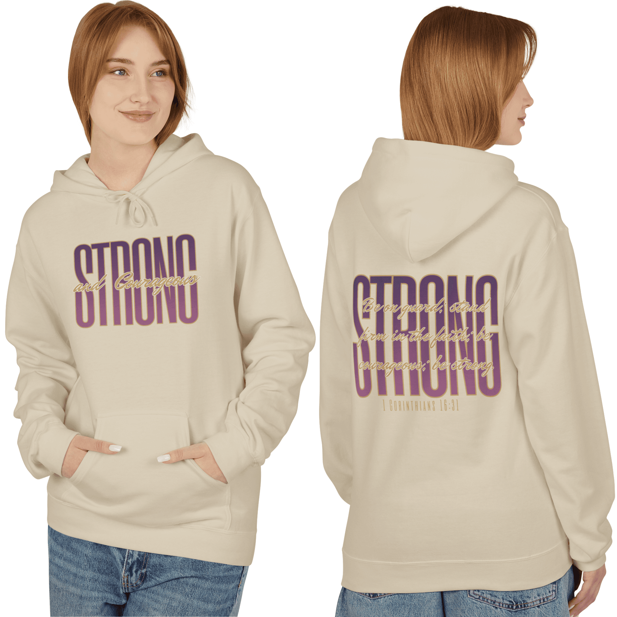 Hoodie featuring Strong and Courageous Bible verse in cream color, front view