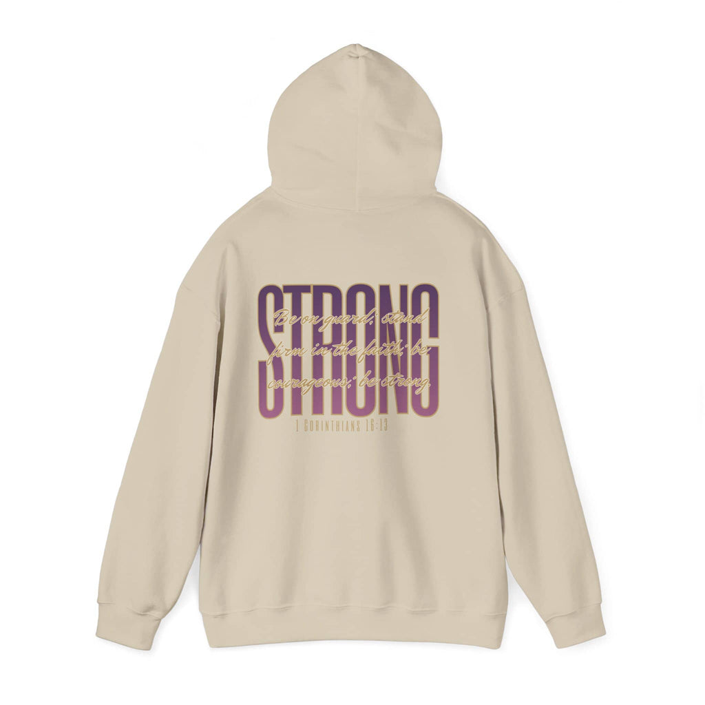 Back view of Strong and Courageous Bible verse hoodie in beige with bold typography design