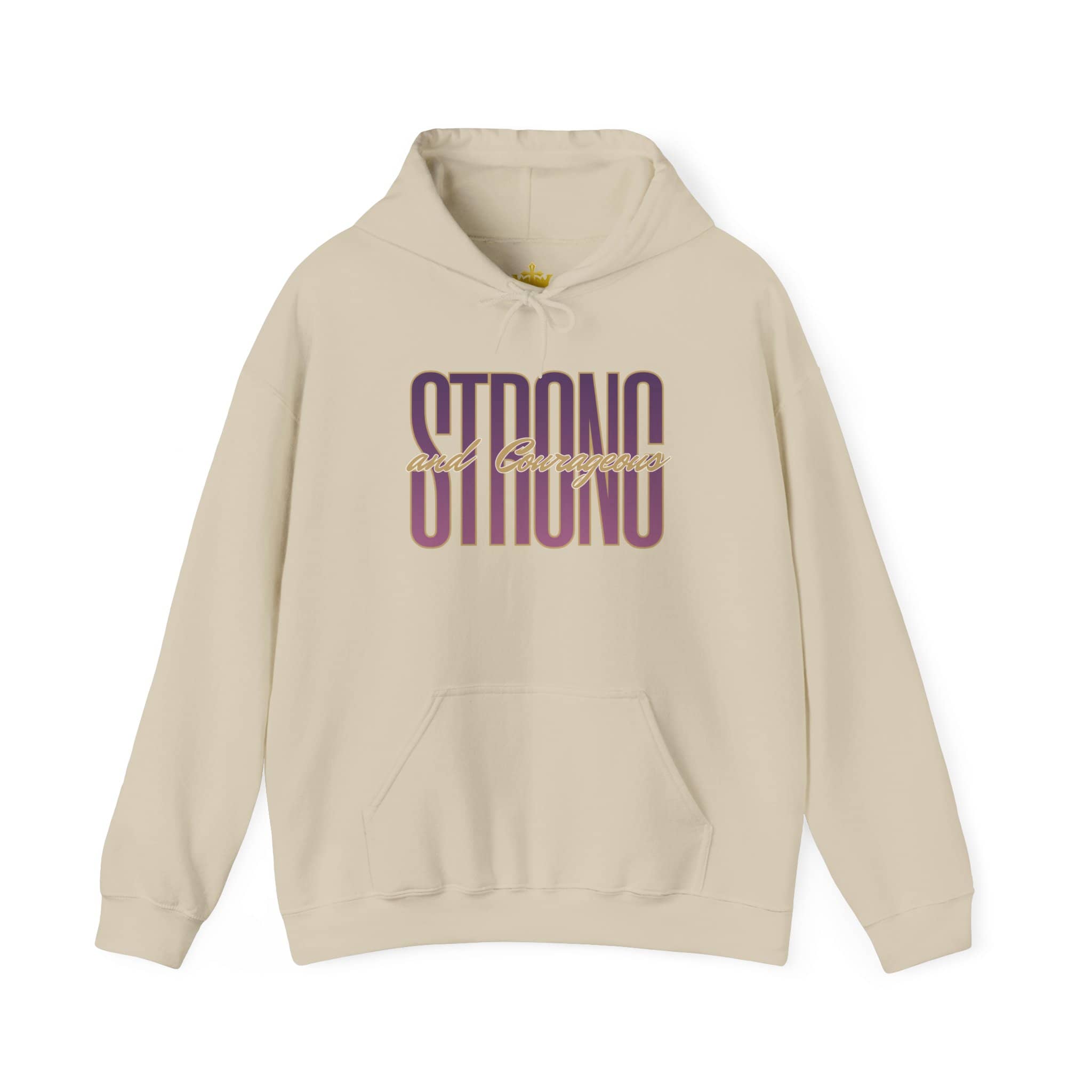 Hoodie with Strong and Courageous Bible verse in purple on beige, front view