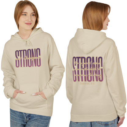 Stylish Strong and Courageous Bible verse hoodie in beige with bold text design