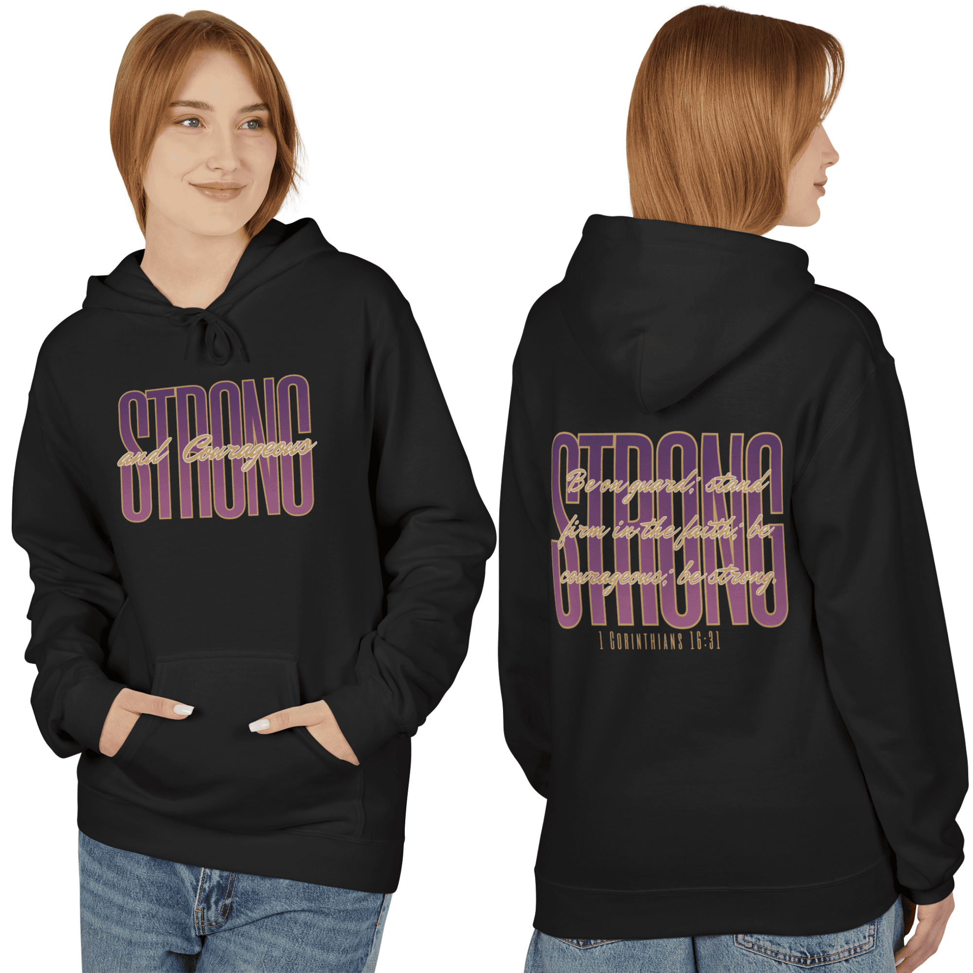 Strong and Courageous Bible verse hoodie in black, featuring front and back designs with scripture.