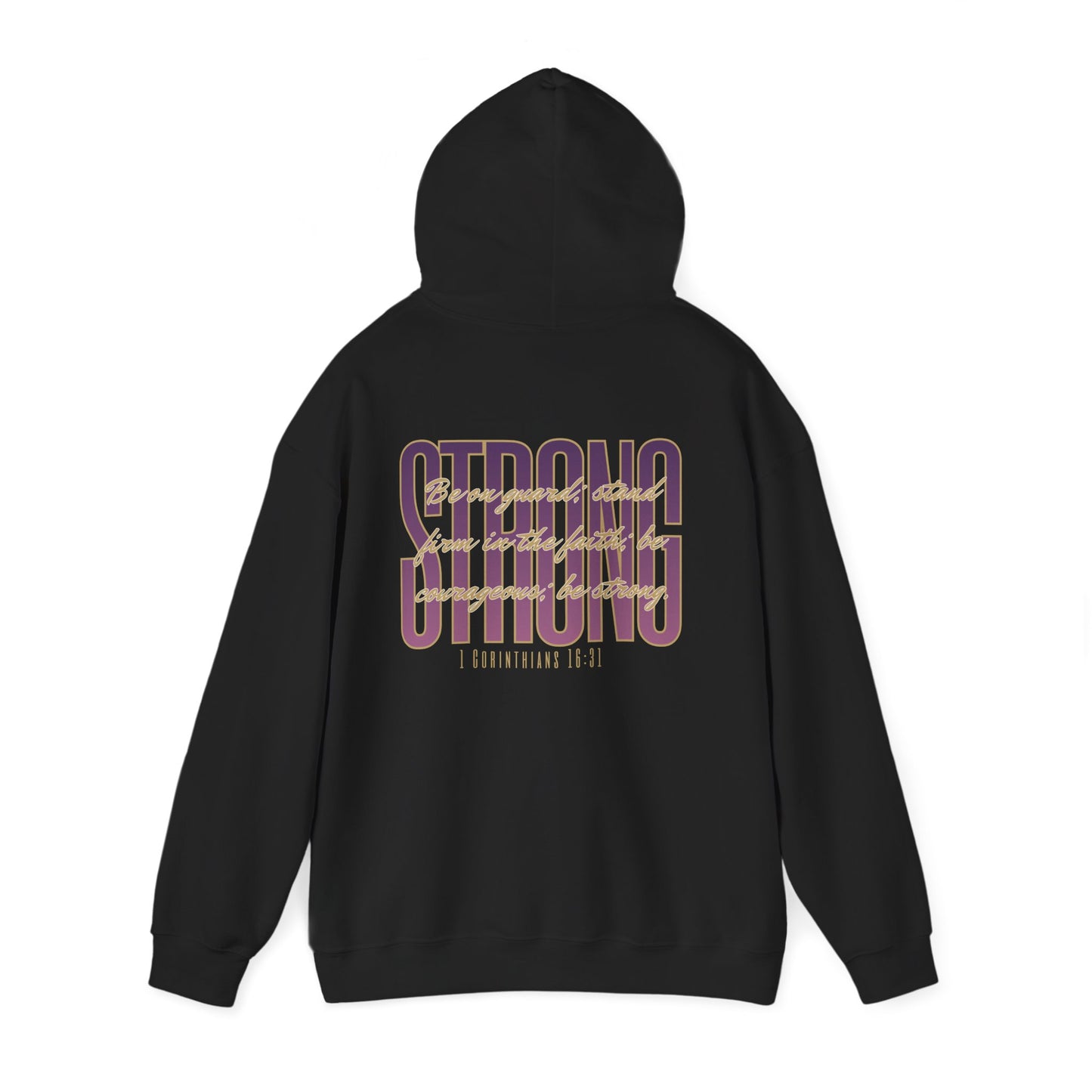 Black Strong and Courageous Bible verse hoodie featuring bold typography and a comfortable fit