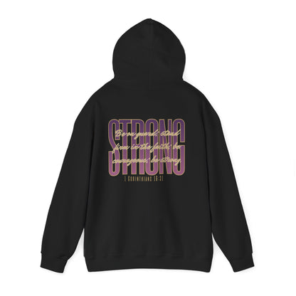 Black Strong and Courageous Bible verse hoodie featuring bold typography and a comfortable fit
