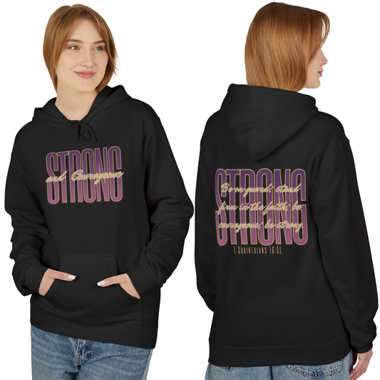 Strong and Courageous Bible verse hoodie featuring a stylish design and front pocket