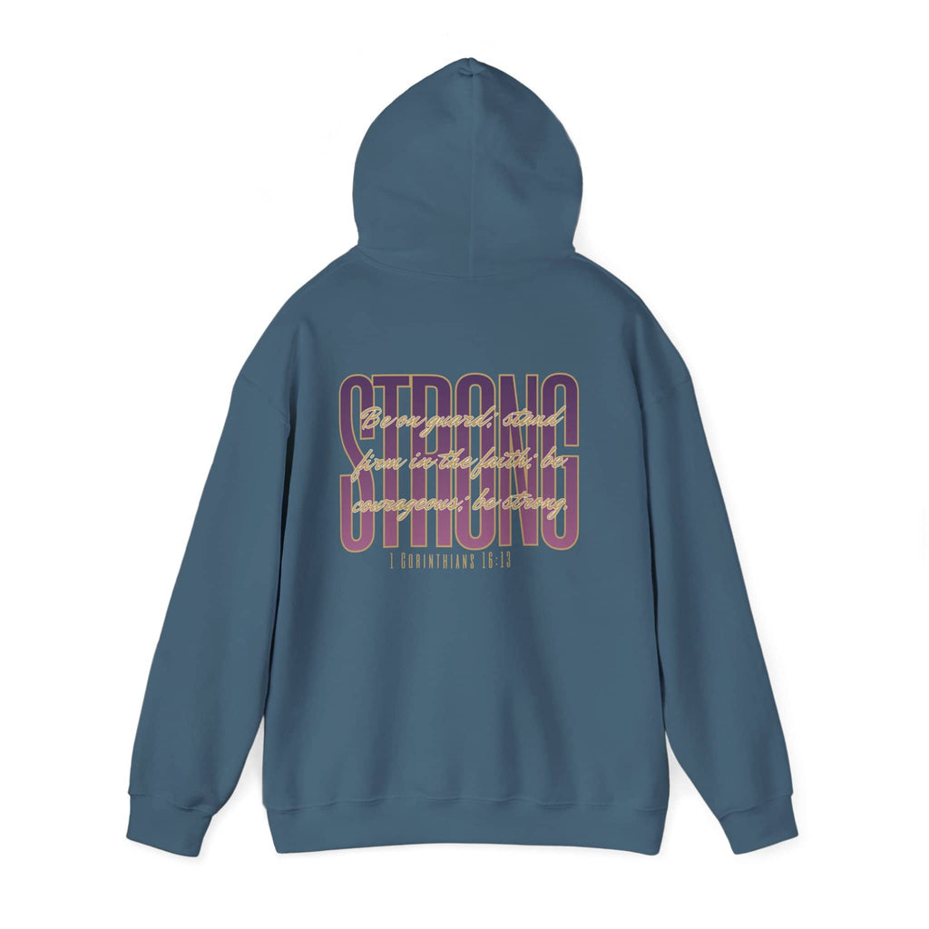 Back view of a Strong and Courageous Bible verse hoodie in blue with stylish lettering