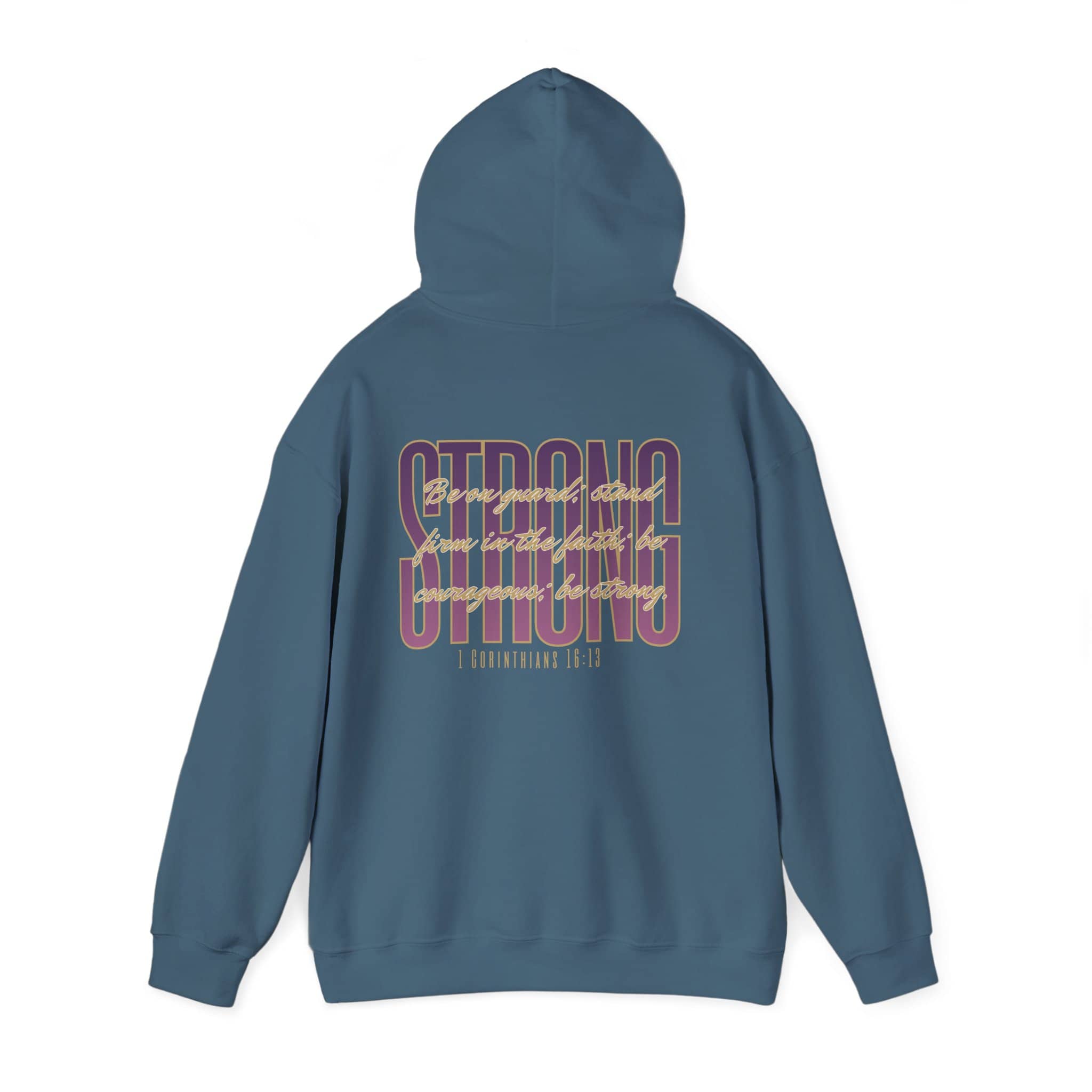 Back view of a Strong and Courageous Bible verse hoodie in blue with stylish lettering