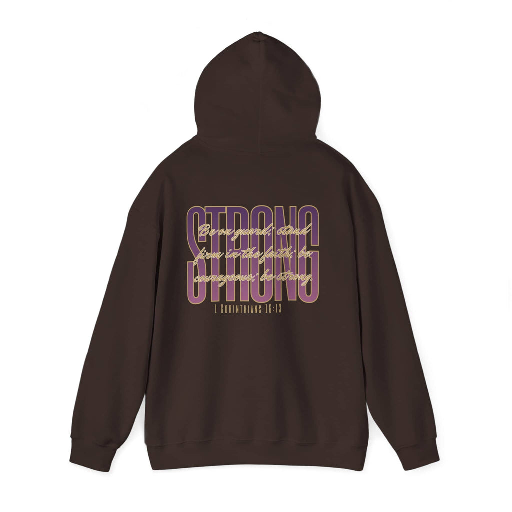Hoodie with Strong and Courageous Bible verse in purple on dark brown fabric, back view