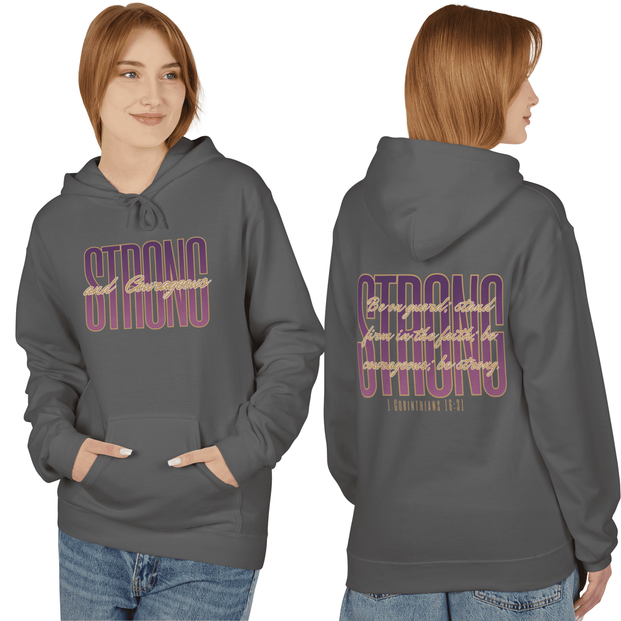 Strong and Courageous Bible verse hoodie in dark gray featuring front and back designs.