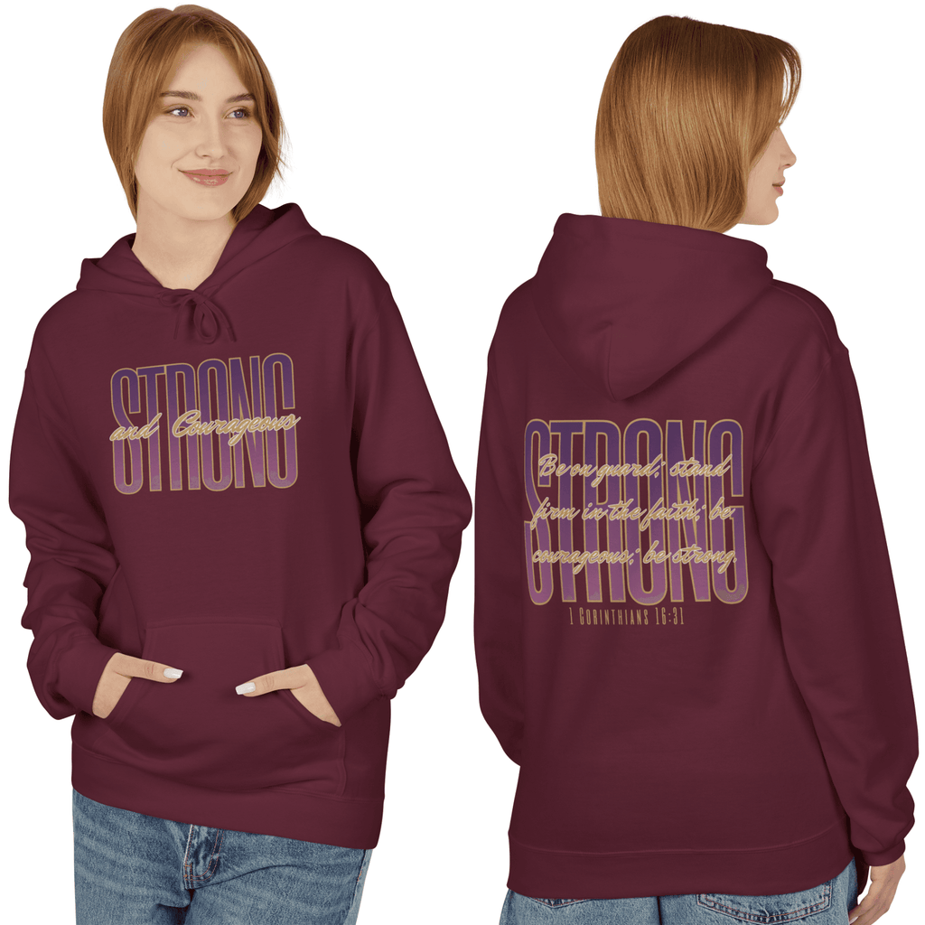Hoodie featuring Strong and Courageous Bible verse in maroon with front and back views