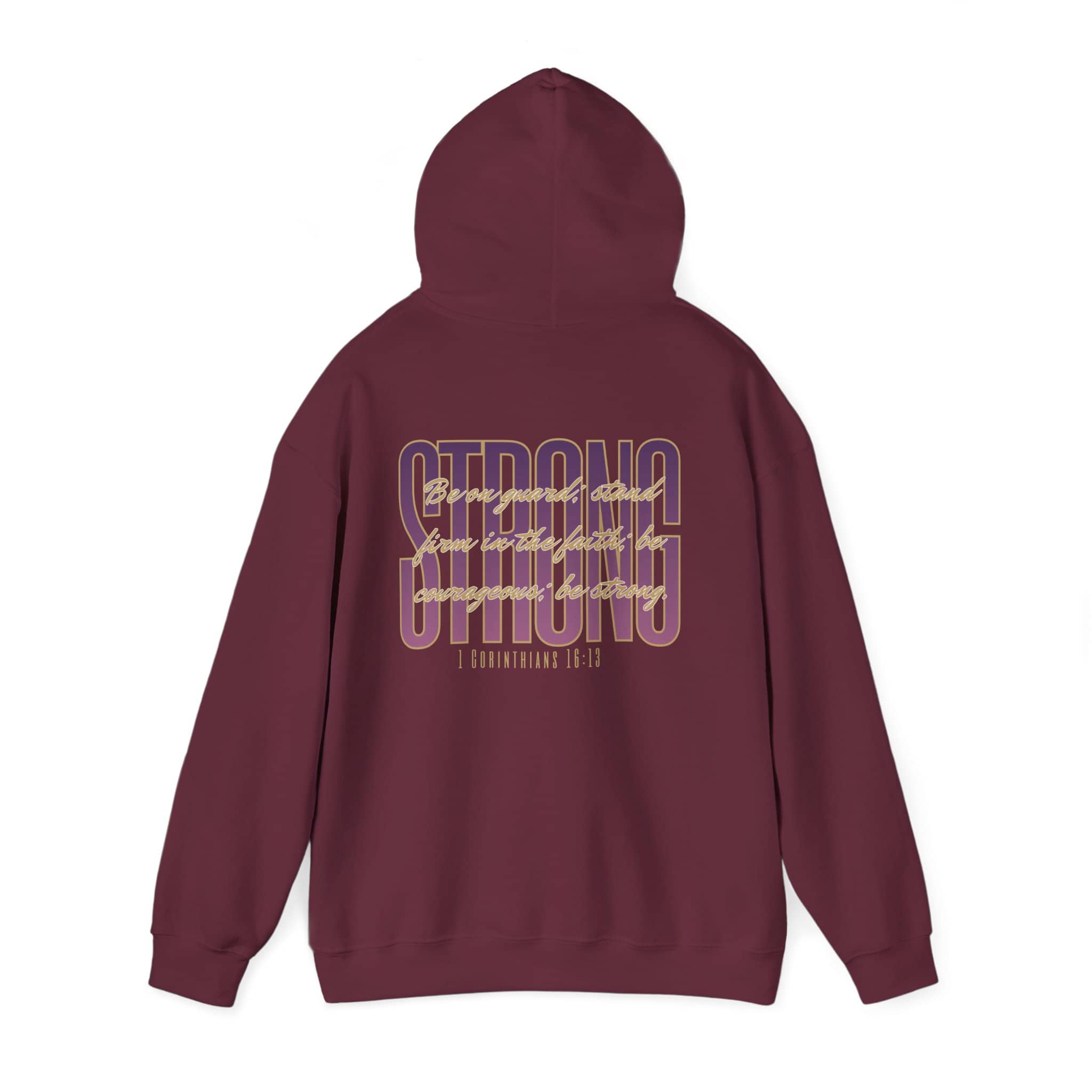 Strong and Courageous Bible verse hoodie in maroon with back view featuring inspirational text