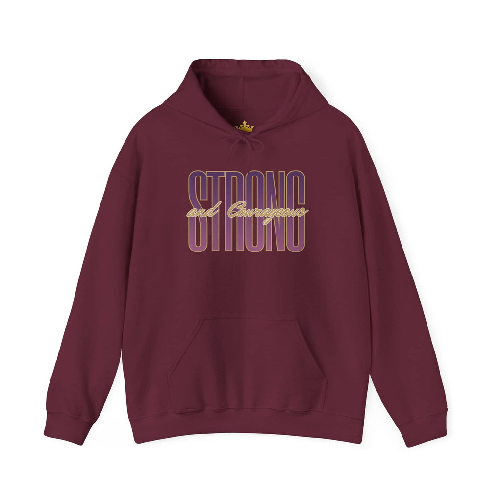 Hoodie with Strong and Courageous Bible verse in maroon, front view with soft fabric design