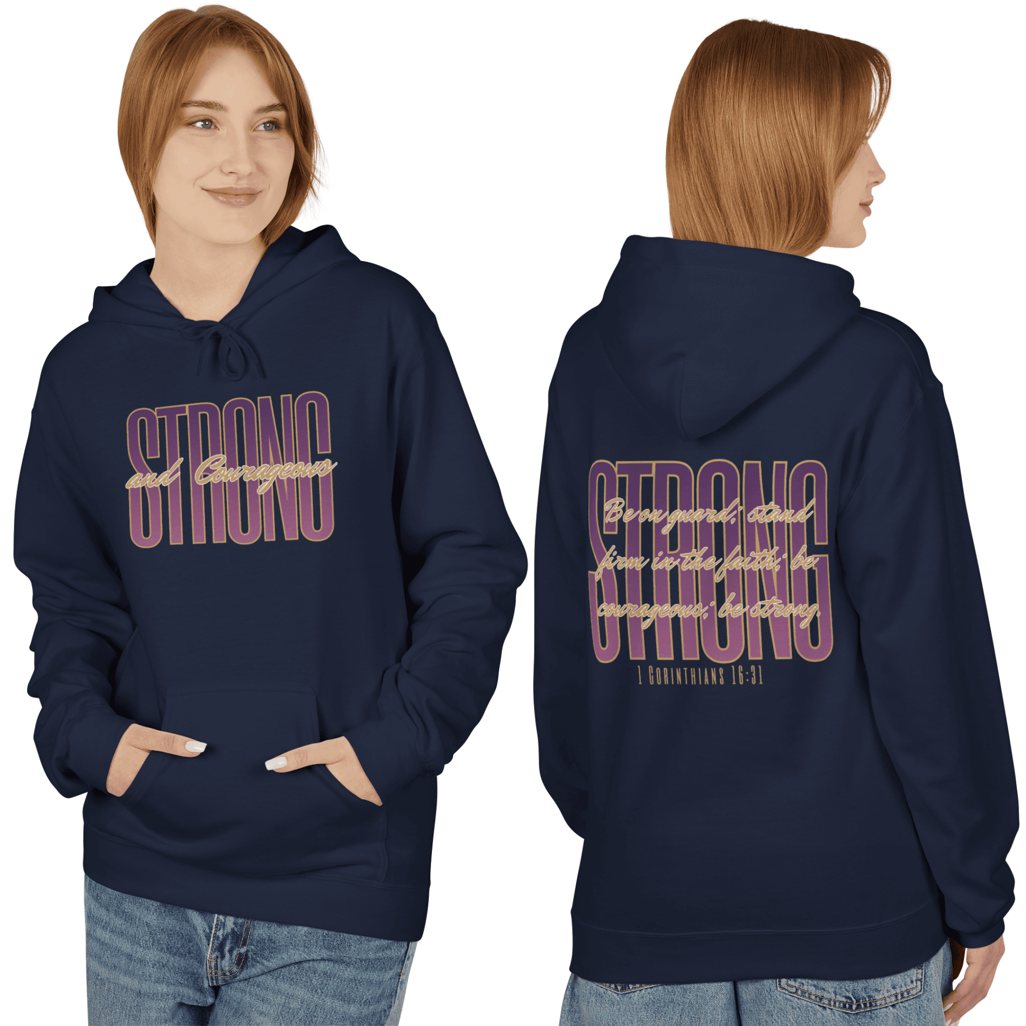 Strong and Courageous Bible verse hoodie in navy with front view and inspirational design