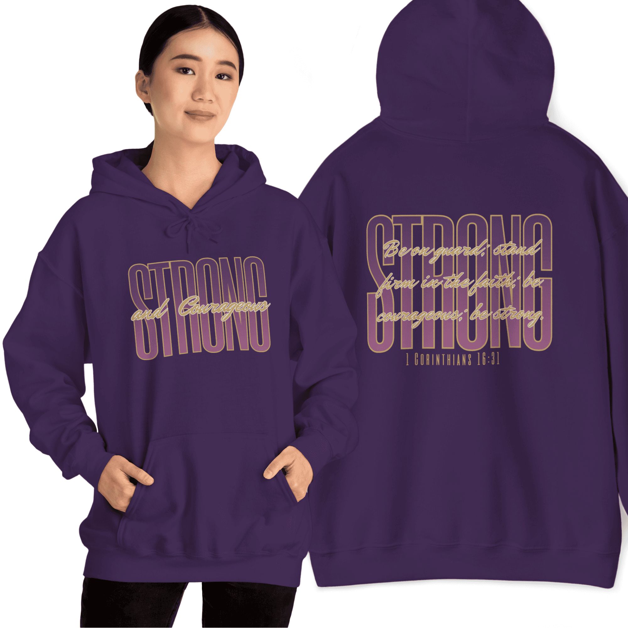 Purple Strong and Courageous Bible verse hoodie with front view design featuring inspiring text