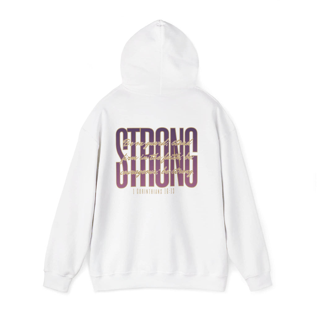 Hoodie with 'Strong and Courageous Bible verse hoodie' design in white, back view