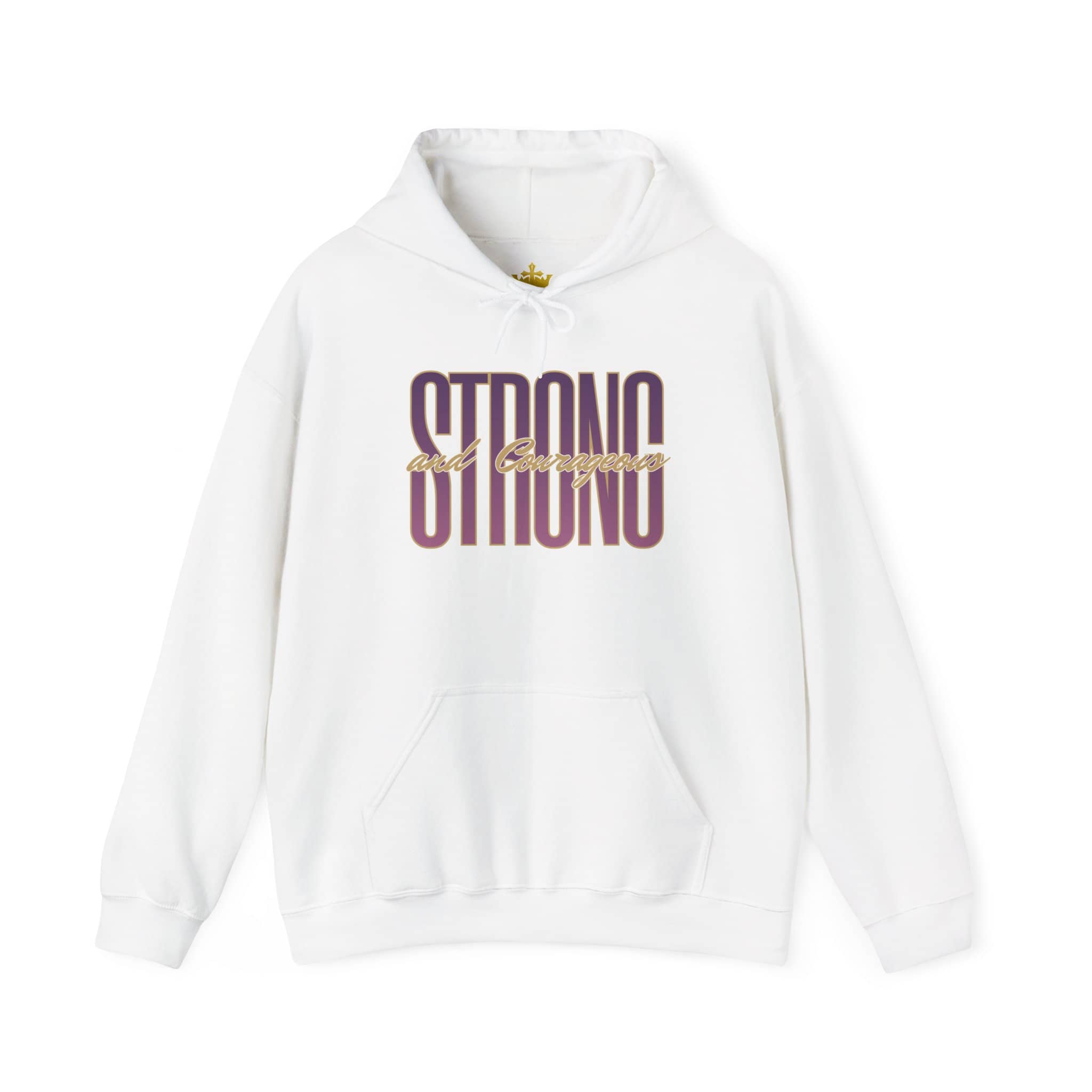 White Strong and Courageous Bible verse hoodie with front graphic design and a cozy fit