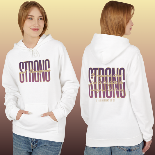 Strong and Courageous Bible verse hoodie in white with stylish text design and front pocket