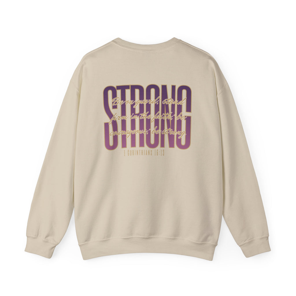 Strong And Courageous Bible Verse Sweatshirt in beige with back view featuring large text design