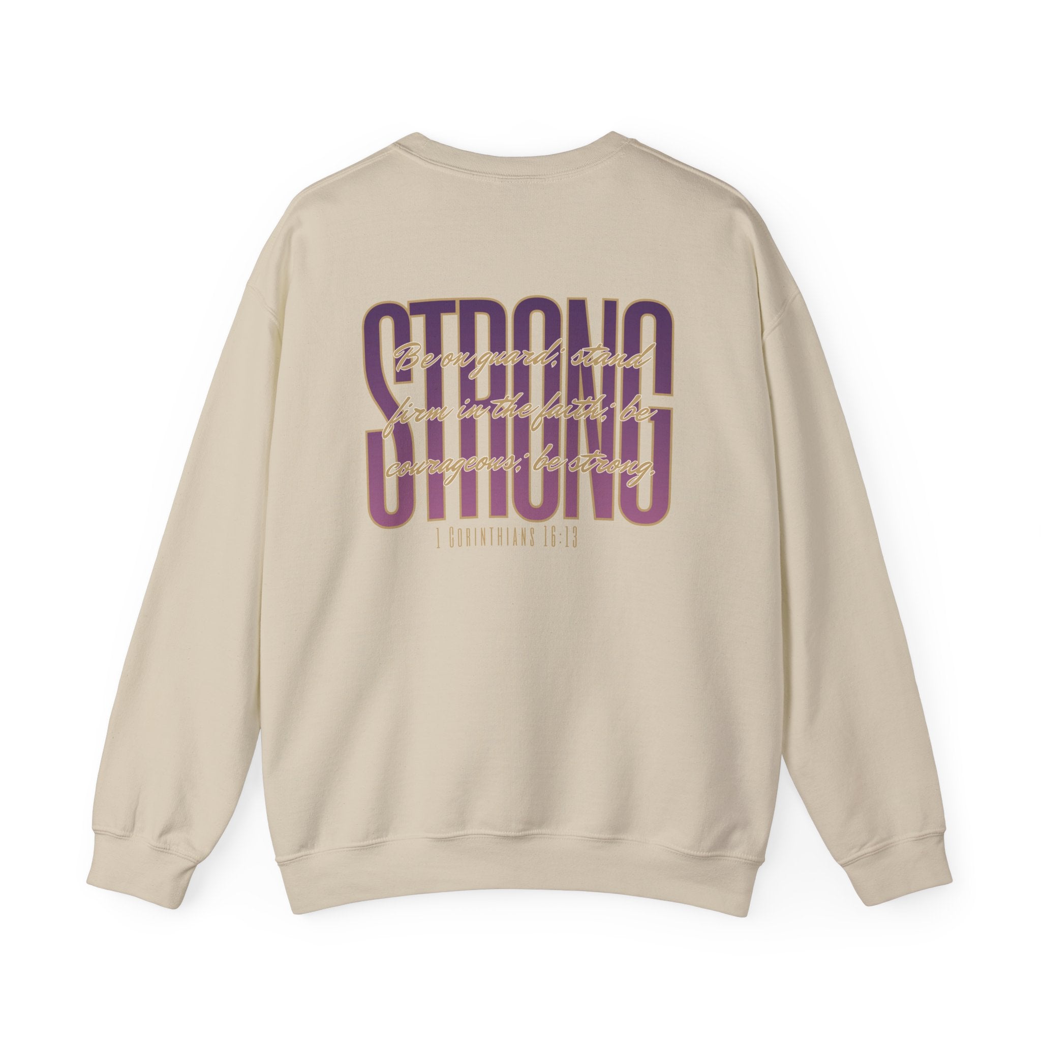 Strong And Courageous Bible Verse Sweatshirt in beige with back view featuring large text design