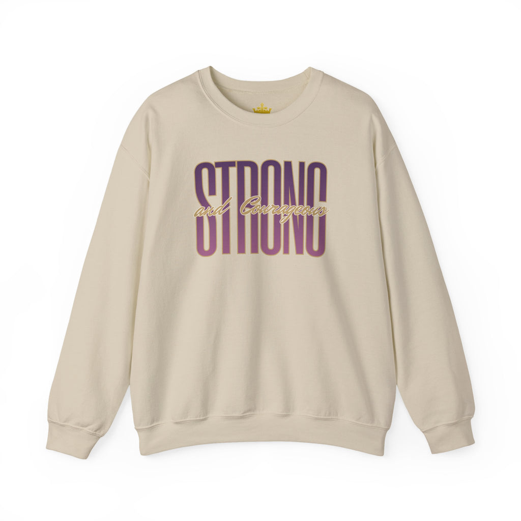 Sweatshirt featuring Strong And Courageous Bible Verse in cream color, front view