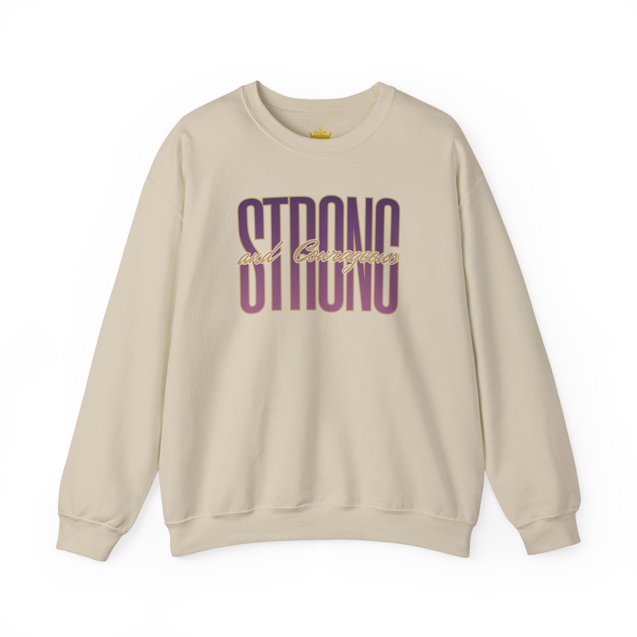 Sweatshirt featuring Strong And Courageous Bible Verse in cream color, front view