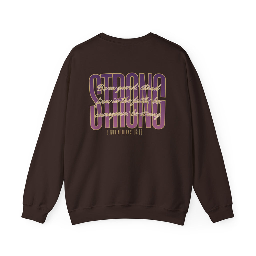 Brown Strong And Courageous Bible Verse Sweatshirt with scripture on the back view