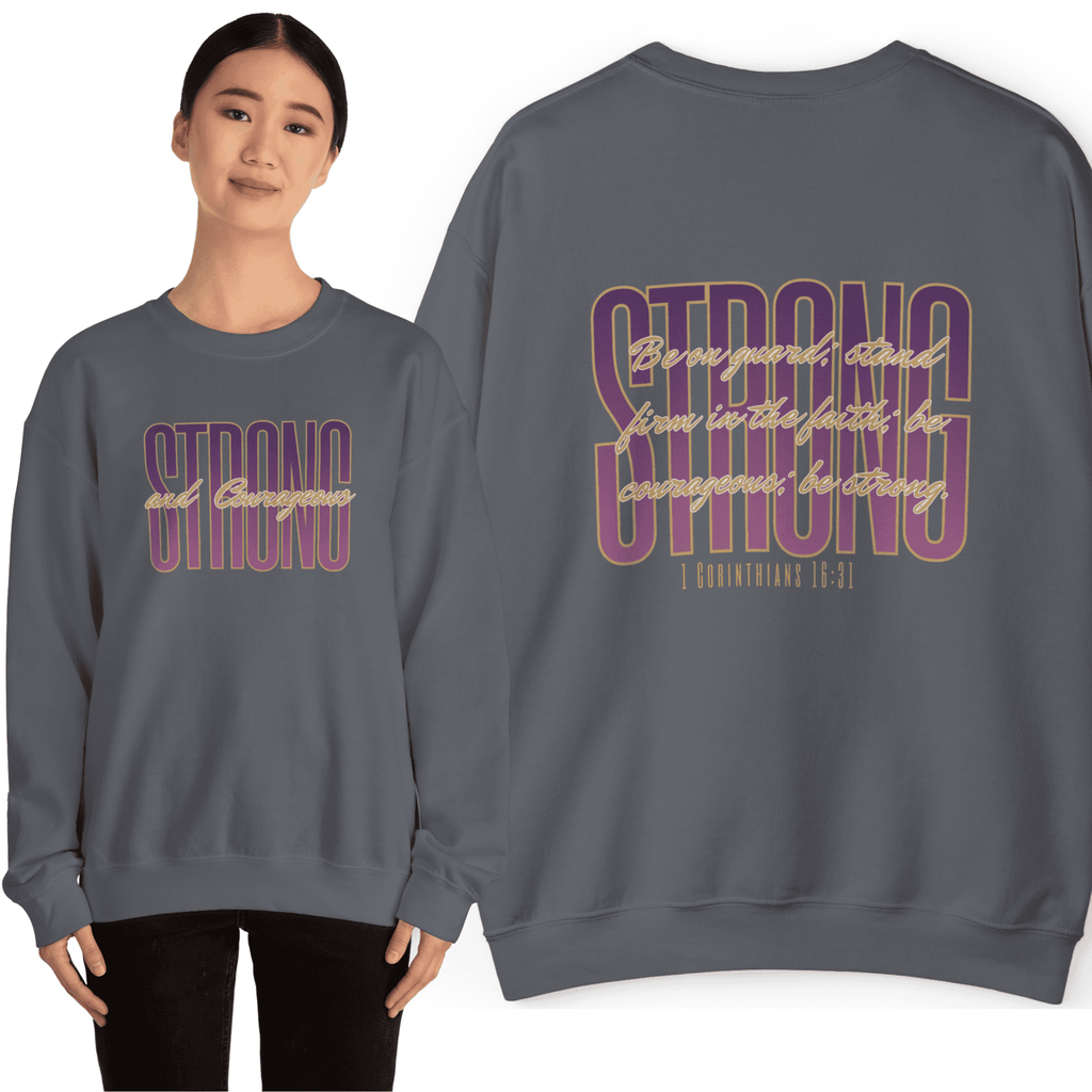 Sweatshirt with Strong And Courageous Bible Verse in purple on gray, front and back view