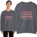 Sweatshirt with Strong And Courageous Bible Verse in purple on gray, front and back view