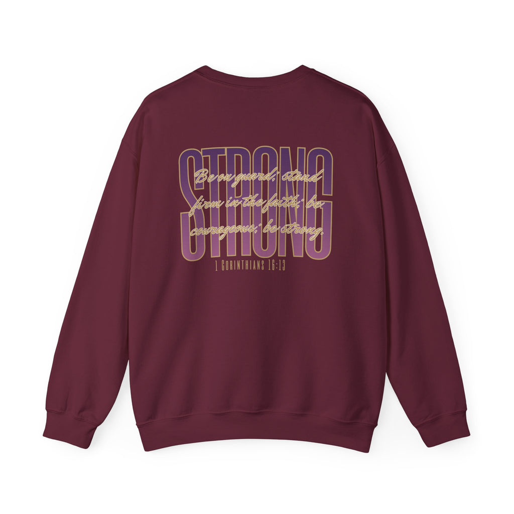 Strong And Courageous Bible Verse Sweatshirt in burgundy with back print featuring inspiring scripture