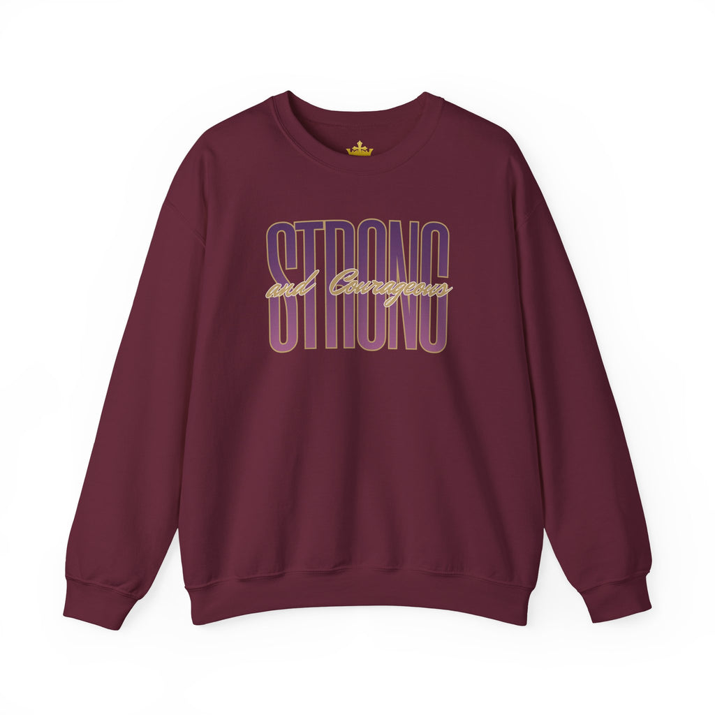 Strong And Courageous Bible Verse Sweatshirt in burgundy with front view design