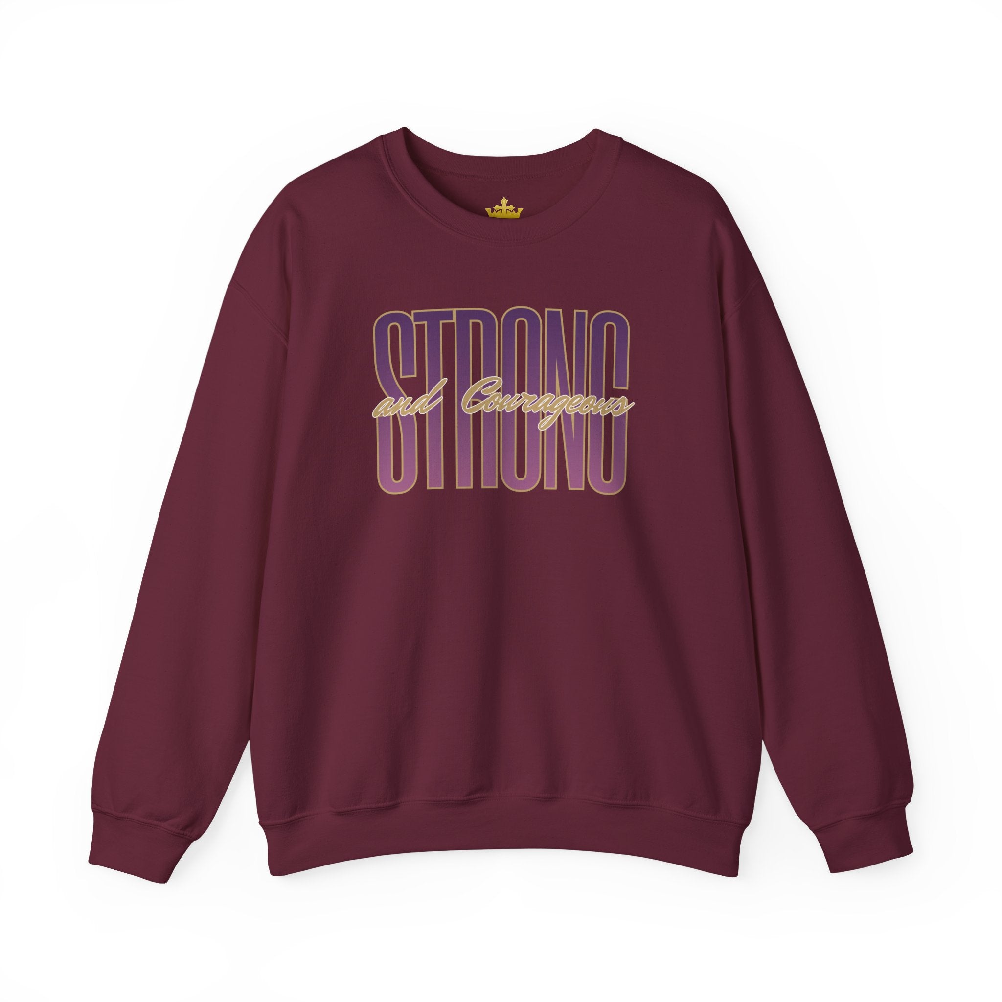 Strong And Courageous Bible Verse Sweatshirt in burgundy with front view design