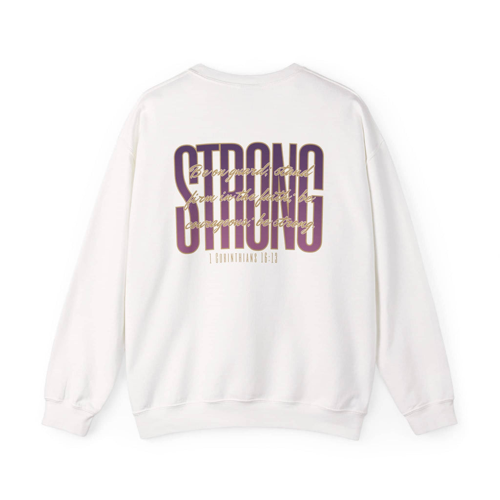 Back view of Strong And Courageous Bible Verse Sweatshirt in white featuring bold typography