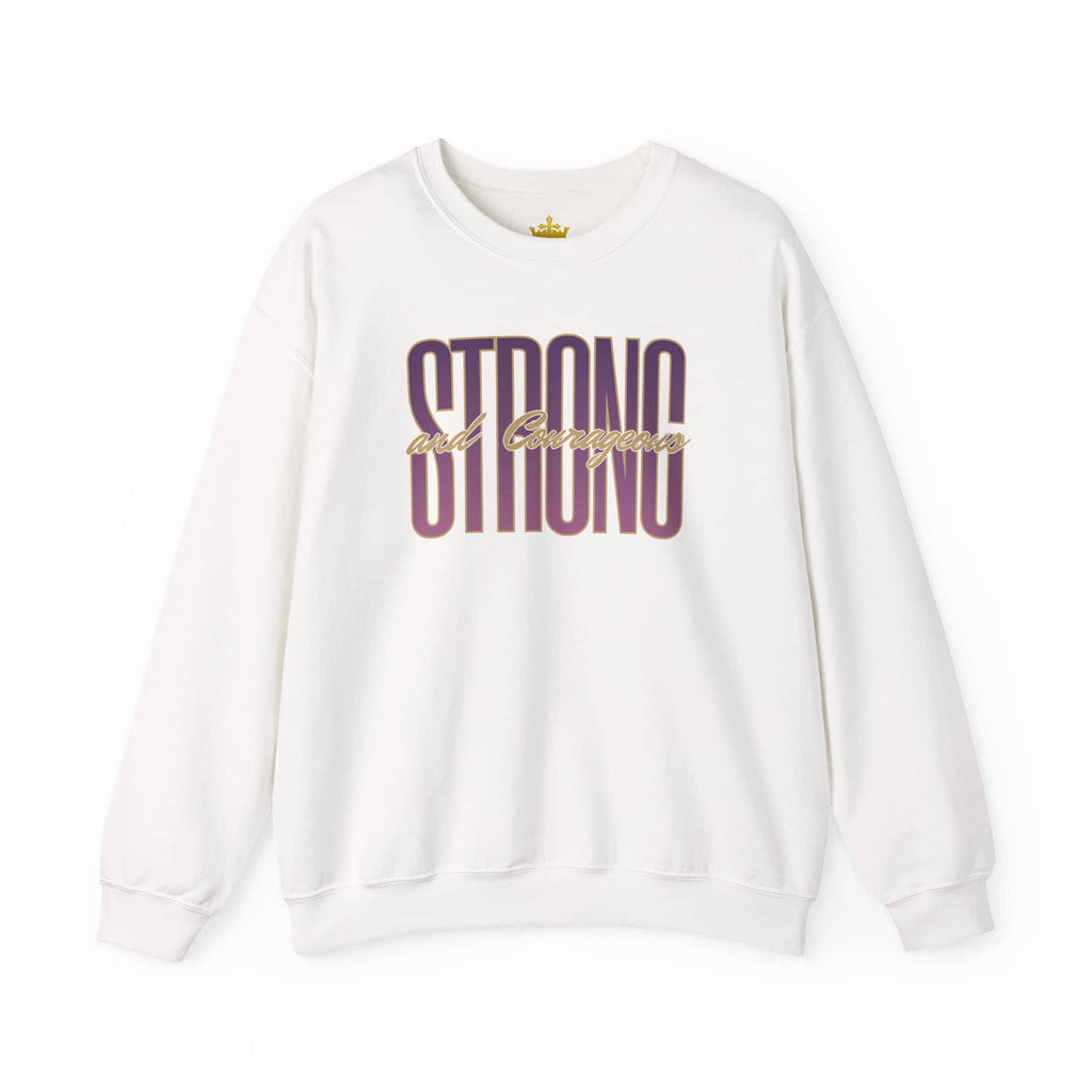 Sweatshirt with Strong And Courageous Bible Verse in purple on soft white fabric, front view