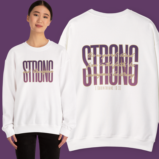 Strong And Courageous Bible Verse Sweatshirt in White with Inspirational Text and Modern Design