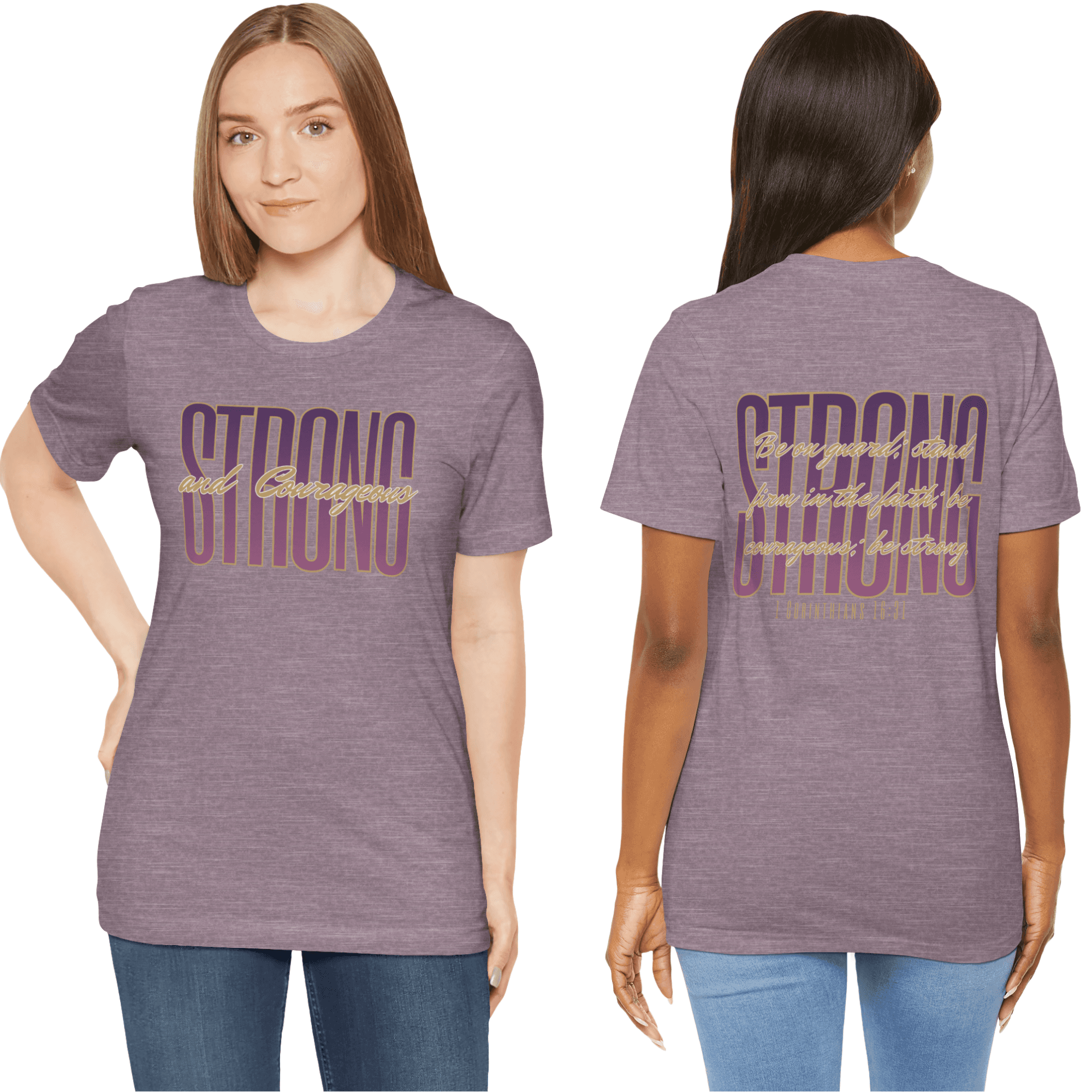 Strong and Courageous Christian t-shirt featuring bold text design on front and back