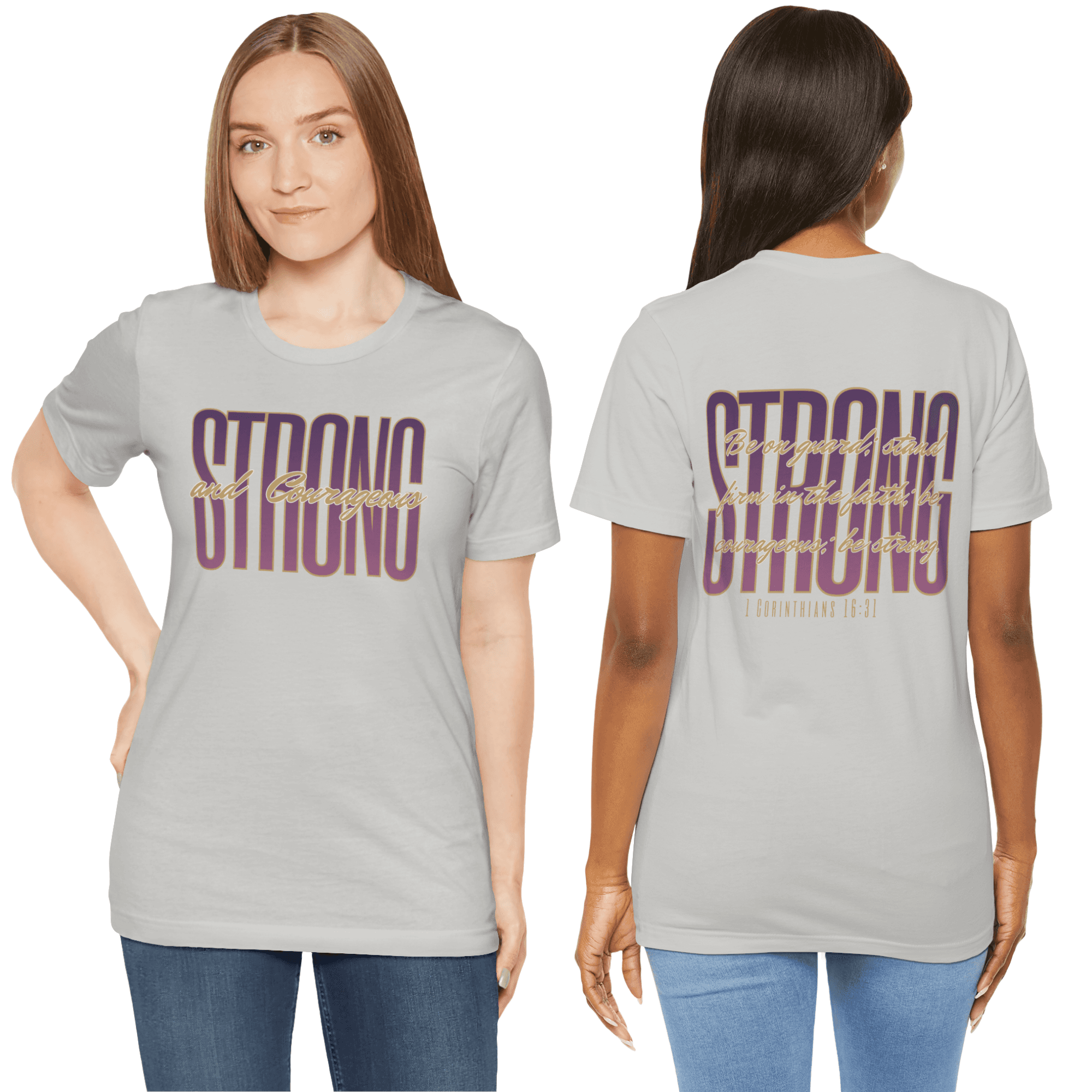 Strong and Courageous Christian t-shirt in gray with bold lettering for inspirational wear in Ice Gray