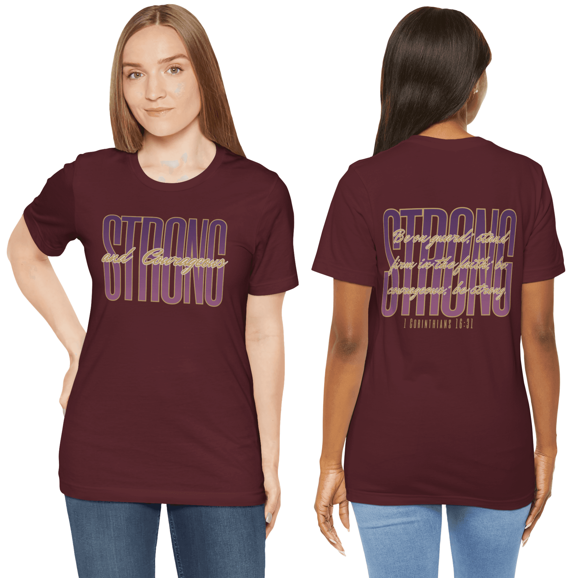 Strong and Courageous Christian t-shirt in burgundy with inspirational text for faith wear.