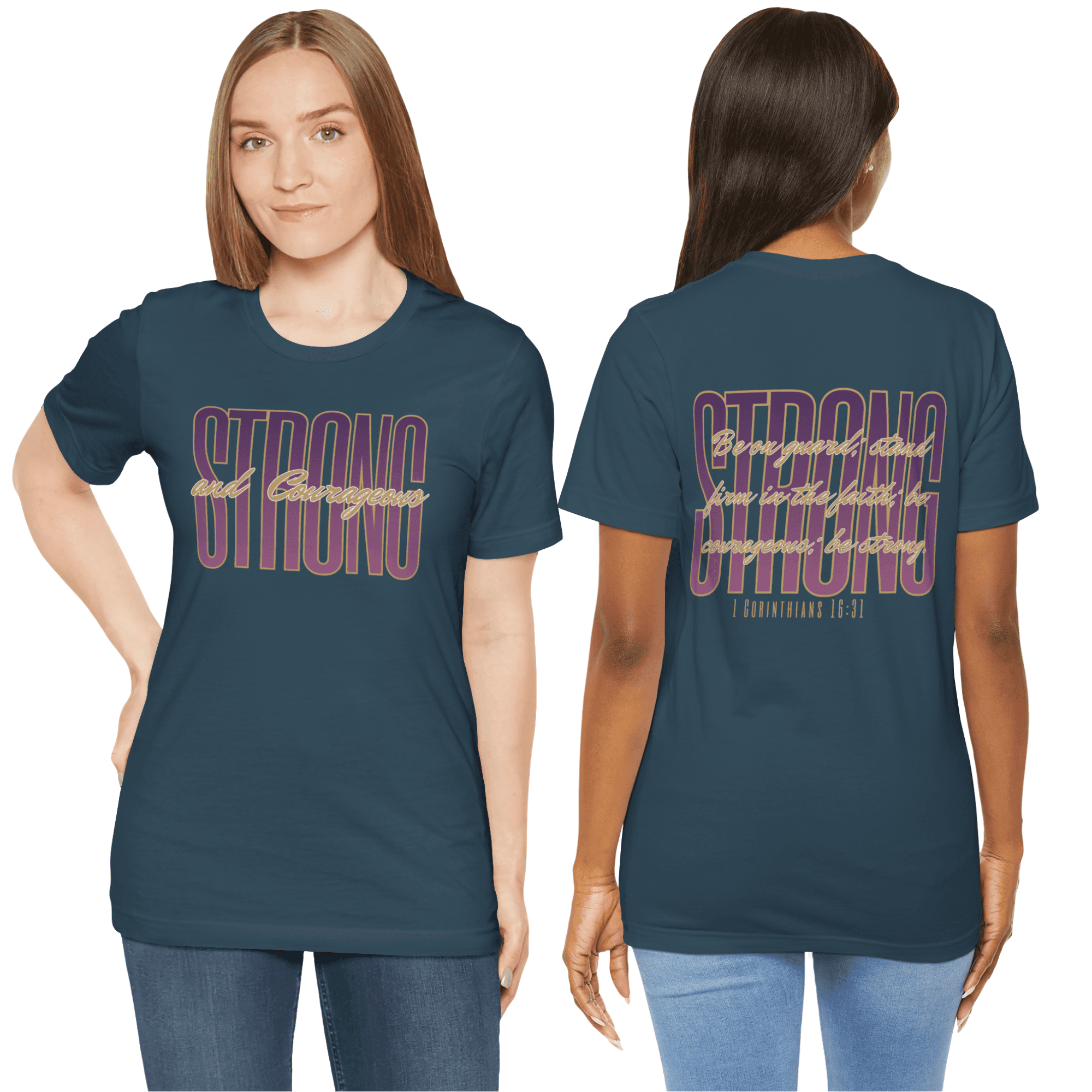 Strong and Courageous Christian t-shirt featuring inspirational text on a blue background