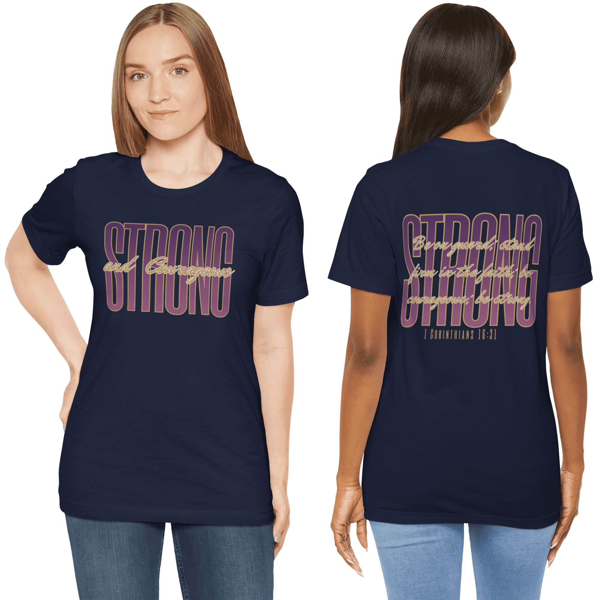 Strong and Courageous Christian t-shirt in navy blue, featuring bold inspirational text design