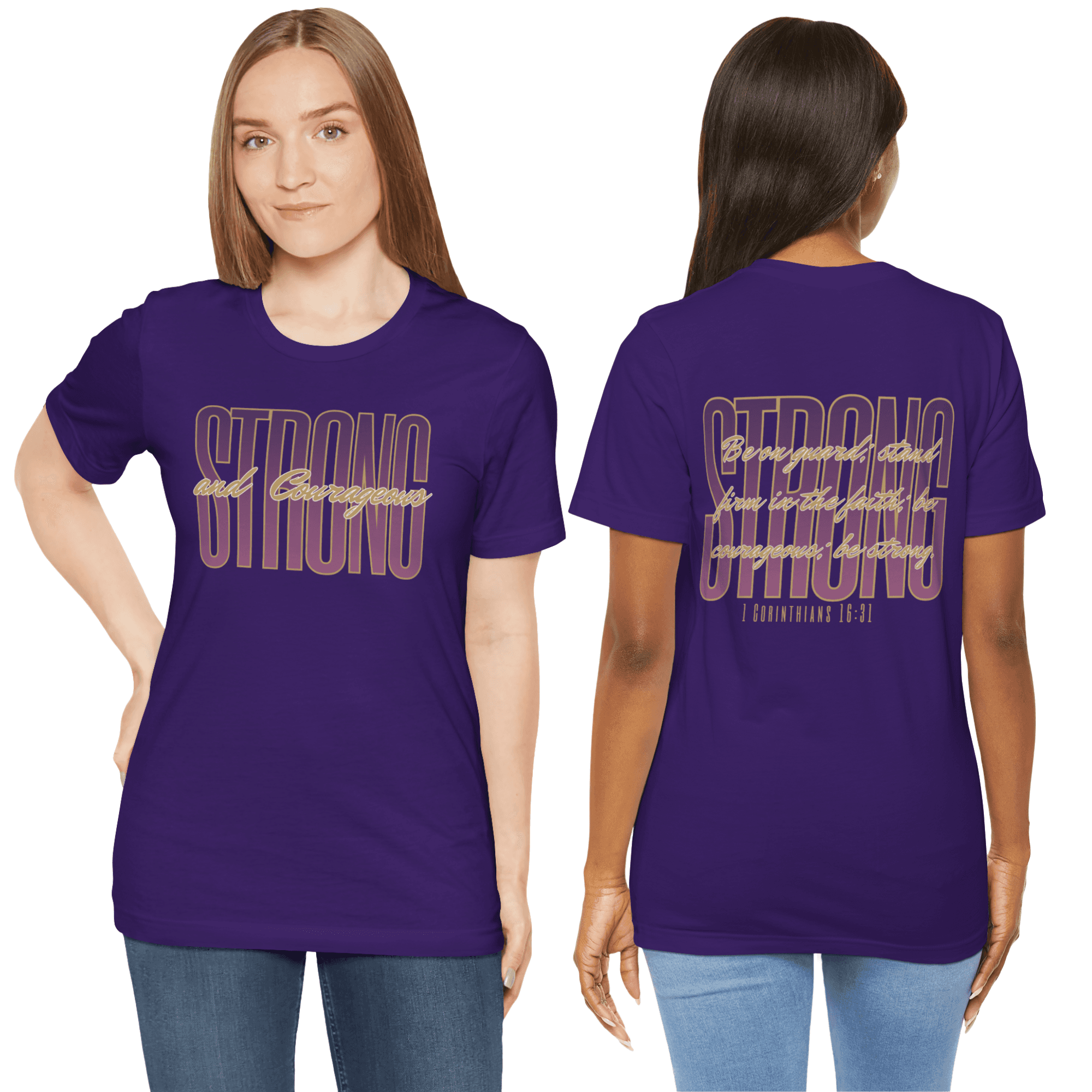 Strong and Courageous Christian t-shirt in purple featuring inspirational text on front and back