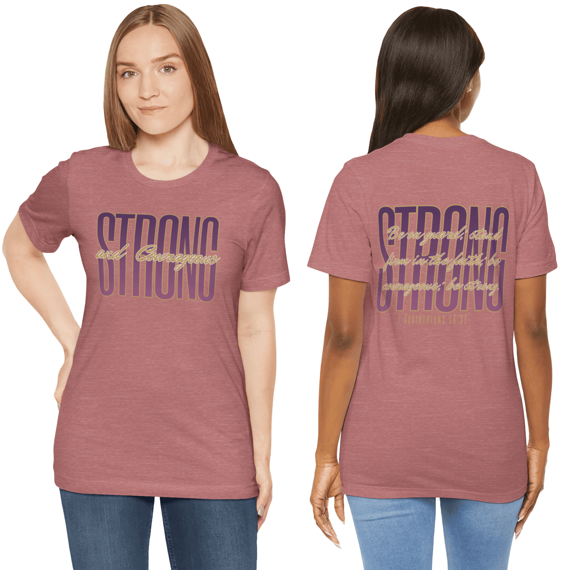Strong and Courageous Christian t-shirt in maroon with bold lettering for faith-inspired fashion