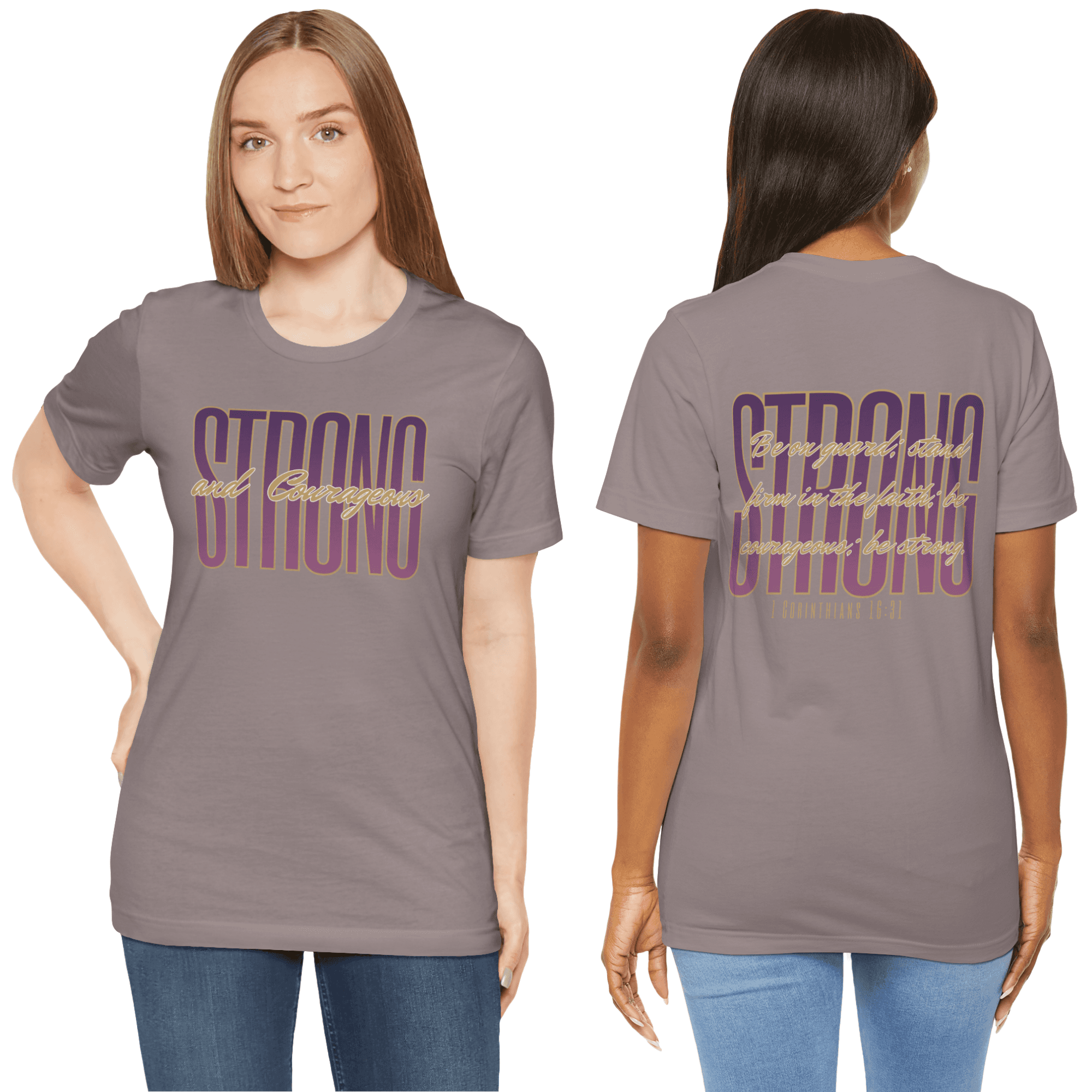 Strong and Courageous Christian t-shirt featuring bold typography in a stylish design in Storm color 
