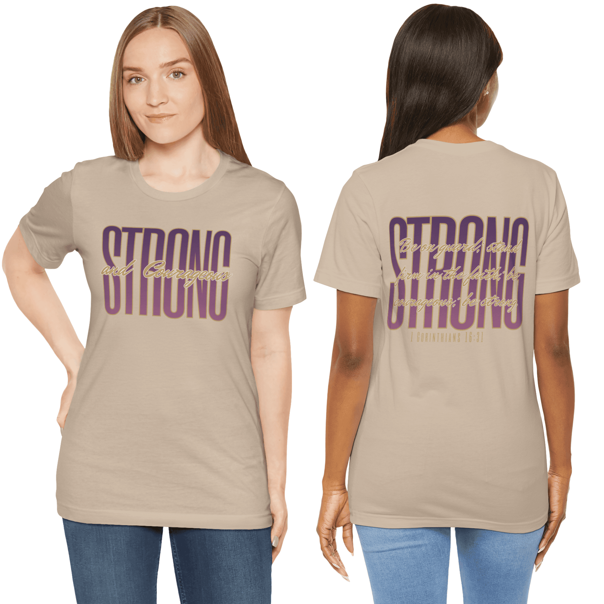 Strong and Courageous Christian t-shirt featuring bold text design on a neutral background