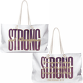 Strong and courageous Scripture bag in white with front view featuring inspirational text