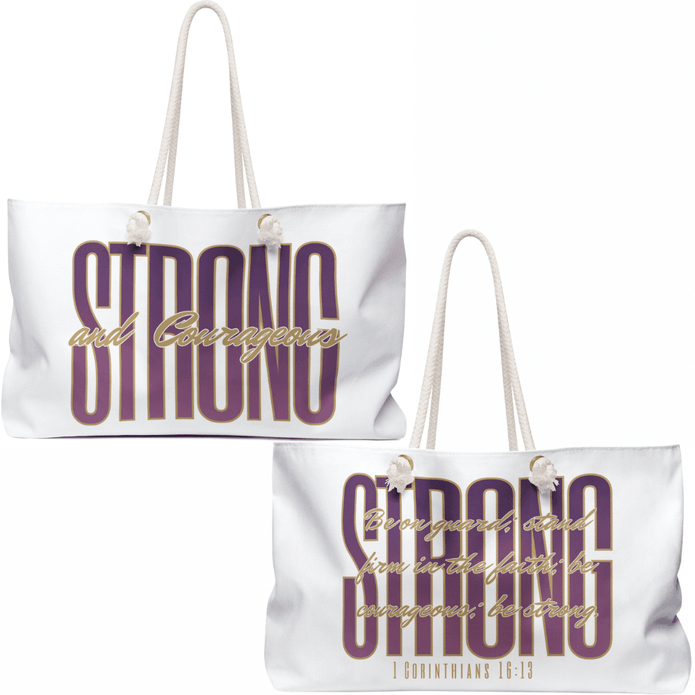 Strong and courageous Scripture bag in white with front view featuring inspirational text