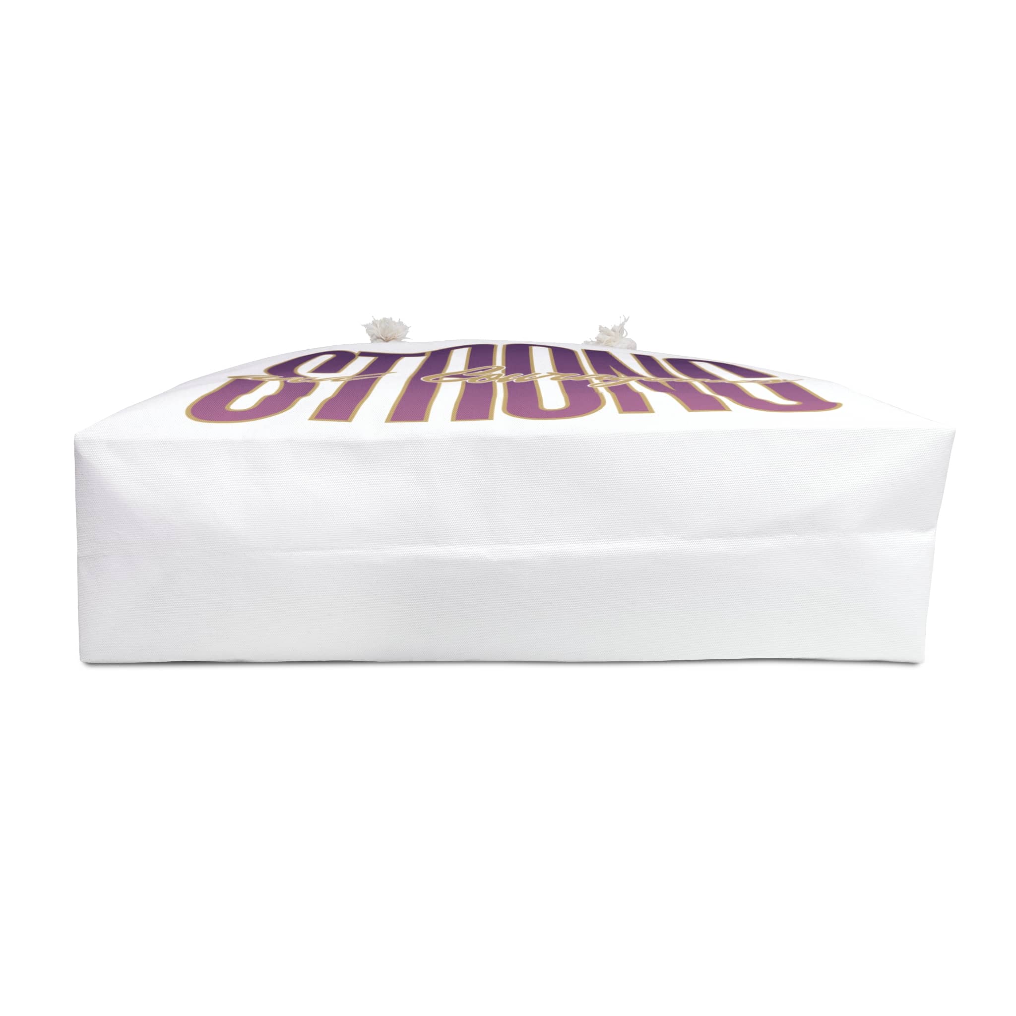 Strong and courageous Scripture bag in white with bold lettering, viewed from the front