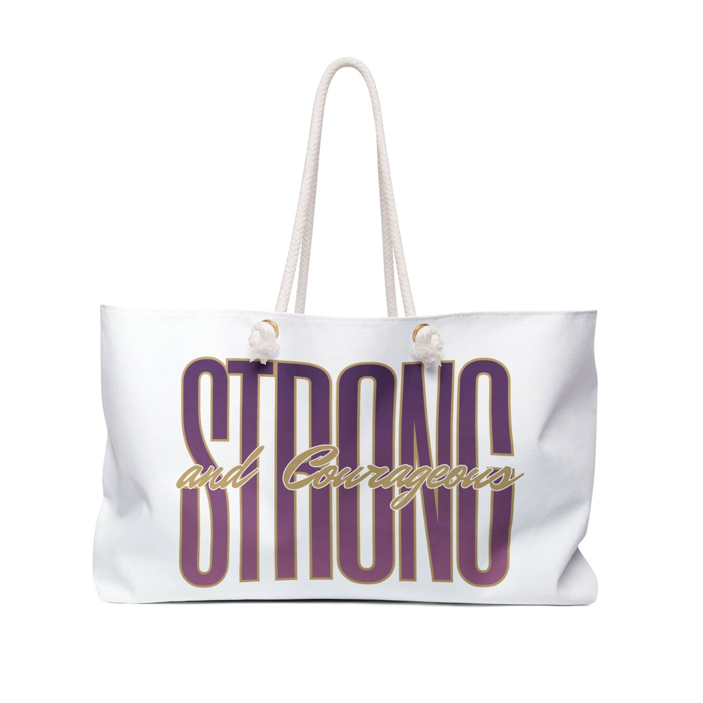 Strong and courageous Scripture bag in white with bold typography, front view