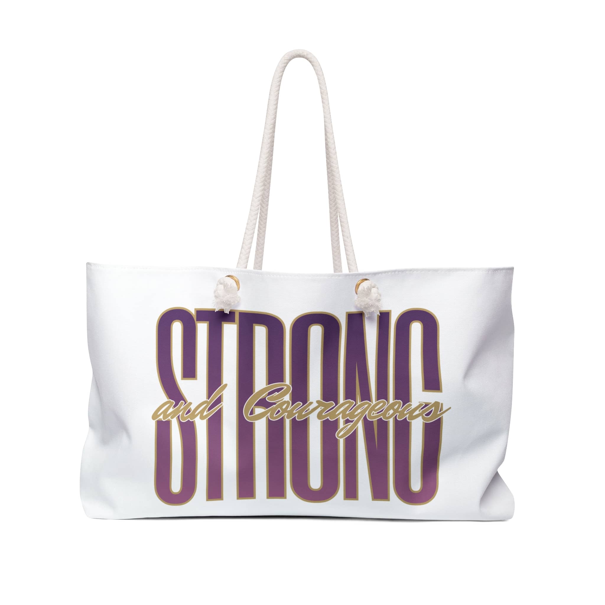 Strong and courageous Scripture bag in white with bold typography, front view
