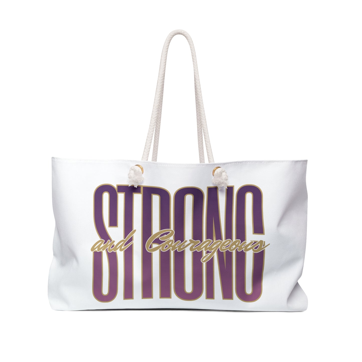 Strong and courageous Scripture bag in white with bold typography for daily use