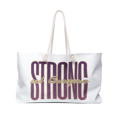 Strong and courageous Scripture bag in white with bold typography for daily use