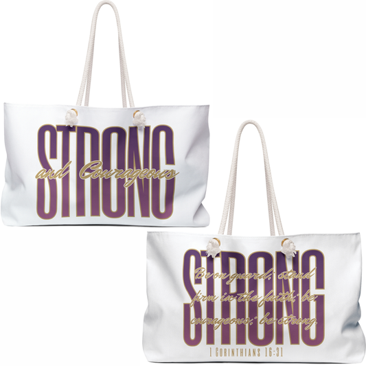 Stylish Strong and Courageous Scripture bag featuring bold text and durable handles for everyday use